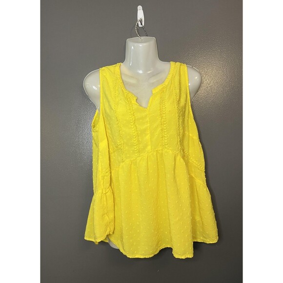 Merona Shirt Womens XL Yellow Sleeveless Swiss Dot Peplum Babydoll Split Neck - Picture 1 of 7